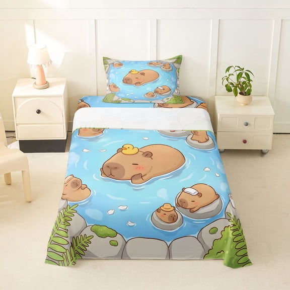 Erosebridal Kids Cute Capybara In The Water Twin Sheet Sets 3pcs,Cartoon Animal Yellow Duck Bedding For Boys Girls,Breathable Home Decor