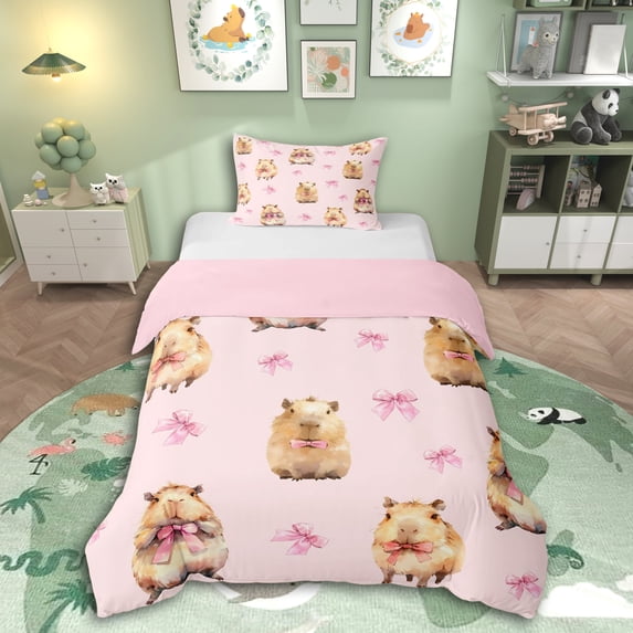 Erosebridal Kids Cute Capybara Twin Bedding,Boys Girls Cartoon Bow Animal Duvet Cover Set,2pcs,No Comforter,Pink Reversible