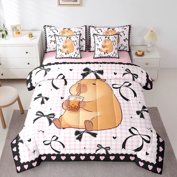Erosebridal Kids Cute Capybara With Boba Tea Bedding Comforter Set 7-Piece,Boys Girls Black Bow Tie Geometric Plaid King Bedding Sets,Pink Reversible