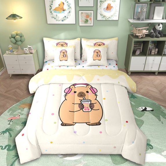 Erosebridal Kids Cute Capybara With Boba Tea Bedding Comforter Set 7pcs,Boys Girls Colorful Polka Dots Queen Bedding Sets,Luxury Bedroom Decor