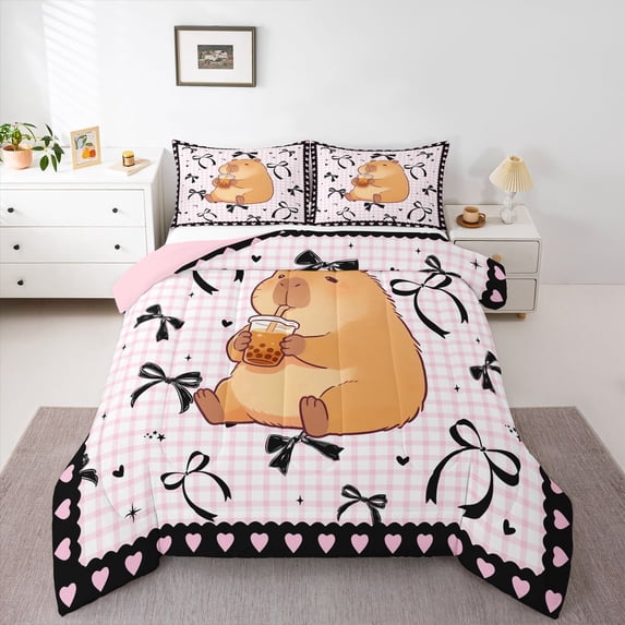 Erosebridal Kids Cute Capybara With Boba Tea Full Size Comforter Sets 3 Pieces,Boys Girls Black Bow Tie Geometric Plaid Bedding Sets,Pink Reversible