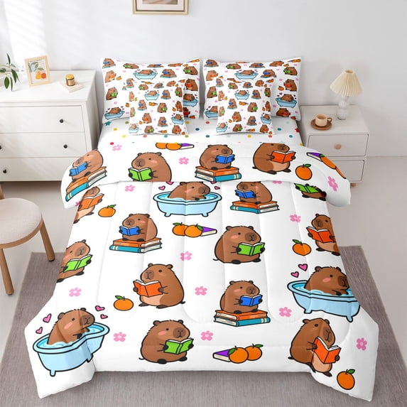 Erosebridal Kids Cute Cartoon Capybara 7-Piece Bedding Comforter Set For,Rodent Animals Theme Pink Flowers King Bedding Sets Reversible