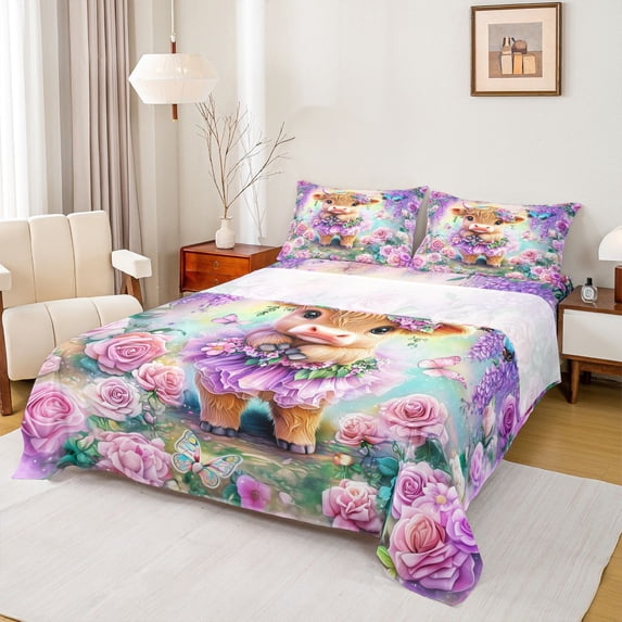 Erosebridal Kids Cute Highland Cow Bed Sheets 4pcs,Boys Girls Floral Roses Butterflies King Sheets,Pink Purple