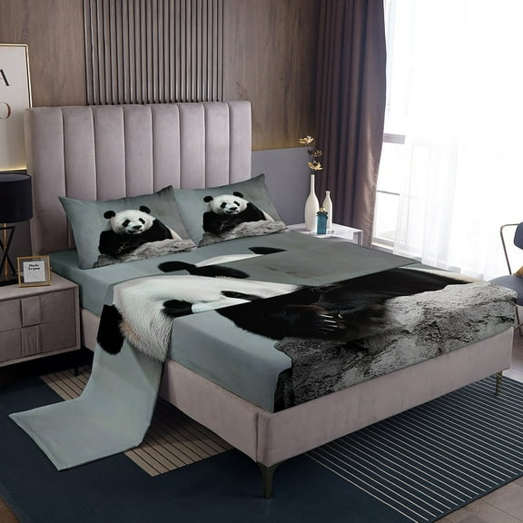 Erosebridal Cute Panda Sheet Set Queen Size Panda Bear Printed Bed Sheets Set Black White Bear Sheets with Deep Pocket Fitted Sheet