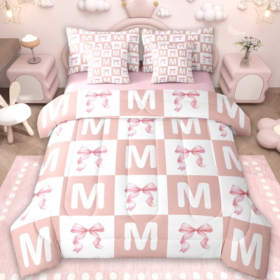 Erosebridal Kids Cute Pink Bowknot 7-Piece Twin Bedding Sets,Initial Alphabet M Bedding Comforter Set For Girls,Reversible pink