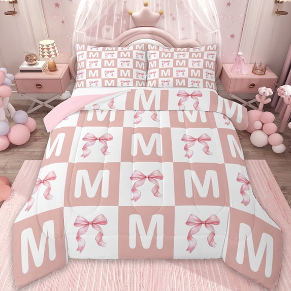 Erosebridal Kids Cute Pink Bowknot Queen Comforter Set,Initial Alphabet M Bedding Comforter Set For Girls,Reversible pink,3 Pieces