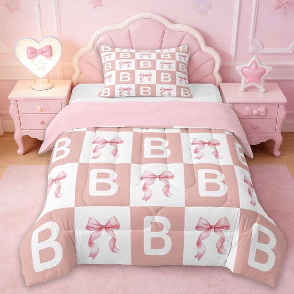 Erosebridal Kids Cute Pink Bowknot Twin Comforter Sets,Initial Alphabet B Bedding Set For Girls,Reversible pink,2-Piece
