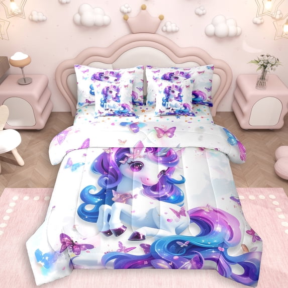 Erosebridal Kids Cute Unicorn Bedding Comforter Set 7-Piece,Boys Girls Flying Butterflies King Bedding Sets,Blue Purple,Lightweight Room Decor