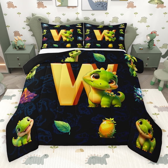 Erosebridal Kids Dinosaur Full Size Comforter Sets for Boys Girls, Dino Letter W Bedding Sets, Black Reversible 3pcs, 1 Comforter and 2 Pillowcases