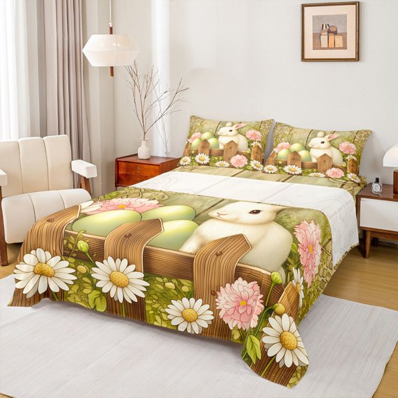 Erosebridal Kids Easter Bunny Eggs Bed Sheets, Groovy Floral King Sheets, 4 Pieces