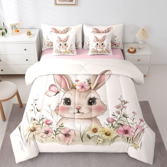 Erosebridal Kids Easter Cartoon Rabbit Bedding Comforter Set 7pcs,Boys Girls Pink Flowers Butterfly Queen Bedding Sets,Pink Reversible