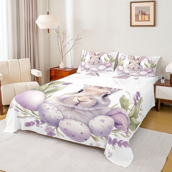 Erosebridal Kids Easter Rabbit Eggs Bed Sheets 4pcs,Boys Girls Purple Flowers King Sheets,Breathable Home Decor