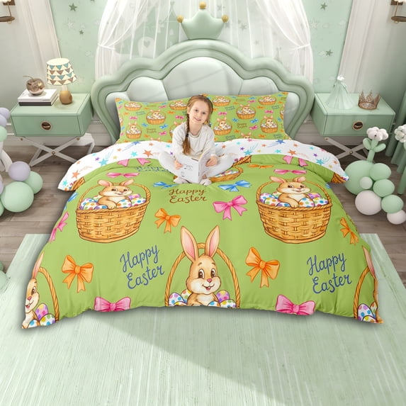 Erosebridal Kids Easter Rabbits Eggs Duvet Cover Set,Boys Girls Colorful Bowknots Bedding Full,3-Piece,No Comforter,Breathable Home Decor