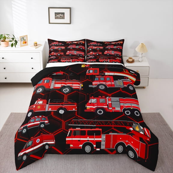 Erosebridal Fire Truck Comforter Set Full Red Equipment Vehicles Bedding Set Cool Machinery Trucks Bedding Comforter Sets Transportations Cars Duvet Bus Bulldozer Quilt Comforter 3 Pieces