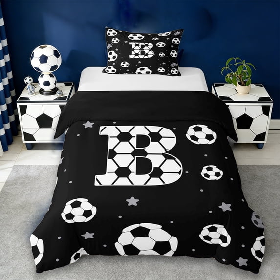 Erosebridal Kids Football Print Letter B Twin Bedding,Soccer Ball Games Duvet Cover Set For Ball Boys,Reversible Black 2-Piece,No Comforter