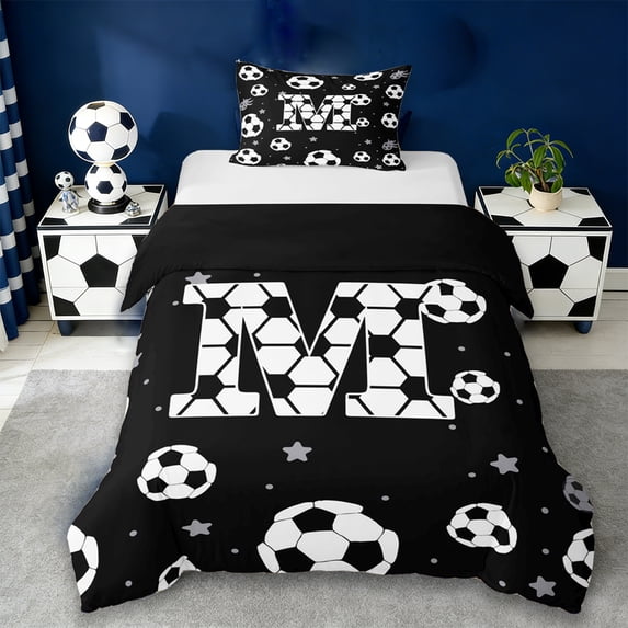 Erosebridal Kids Football Print Letter M Twin Bedding,Soccer Ball Games Duvet Cover Set For Ball Boys,Reversible Black 2 Pieces,No Comforter