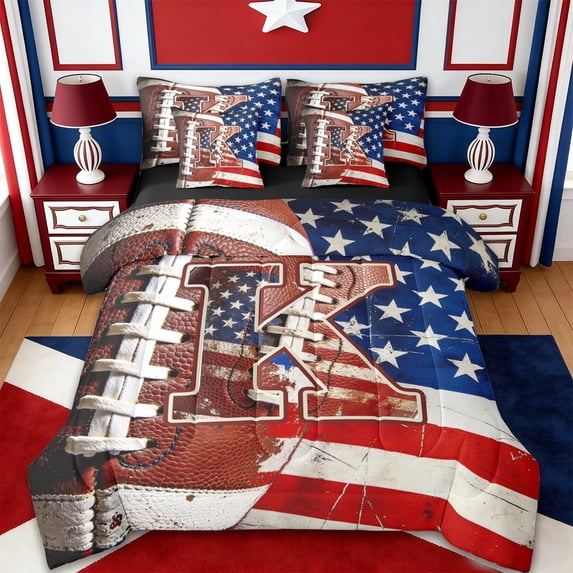 Erosebridal Kids Football Rugby 7-Piece Twin Bedding Sets,First Letter K Bedding Comforter Set For Boys Men,Reversible black