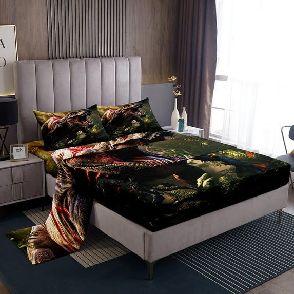Erosebridal Full Sheet Set Dinosaur Sheets for Teenage Youth, 3D Tyrannosaurus Rex Bed Set Jungle Animal Bed Sheets Set, Fitted Sheet Room Decor 4pcs