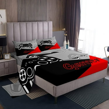 Erosebridal Gamer Bed Sheets Set And Gaming Bedding Set Video Game Controller Fitted Sheets 3Pcs Sheets Includes 1 Fitted Sheet & 1 Flat Sheet With 2 Pillowcases Red Black (Full)