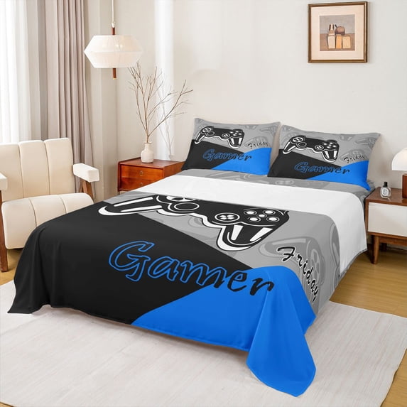 Erosebridal Gamer Bed Sheets Set And Gaming Bedding Set Video Game Controller Fitted Sheets 3Pcs Sheets Includes 1 Fitted Sheet & 1 Flat Sheet With 2 Pillowcases Blue Black (Full)