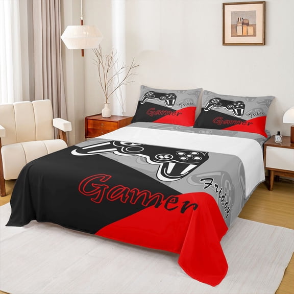 Erosebridal Gamer Bed Sheets Set And Gaming Bedding Set Video Game Controller Fitted Sheets 3Pcs Sheets Includes 1 Fitted Sheet & 1 Flat Sheet With 1 Pillowcase Red Black (Twin)