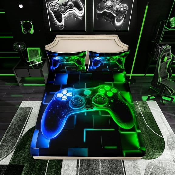 Erosebridal Kids Gamer Bed Sheets Set Full,Gaming Sheet Set,Video Games Gamepad Sheets Neon Glowing Square Geometric Grid Blue Green Flat Fitted Sheet