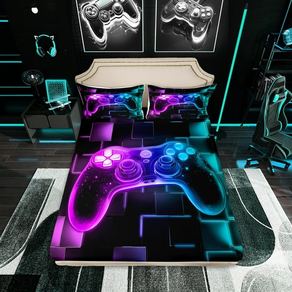 Erosebridal Kids Gamer Bed Sheets Set Twin,Gaming Sheet Set,Video Games Gamepad Sheets Neon Glowing Square Geometric Grid Blue Purple Flat Fitted Sheet