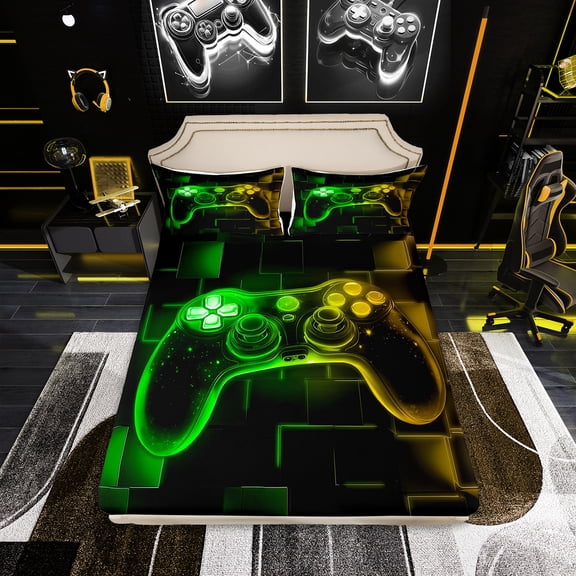 Erosebridal Kids Gamer Bed Sheets Set Twin,Gaming Sheet Set,Video Games Gamepad Sheets Neon Glowing Square Geometric Grid Yellow Green Flat Fitted Sheet