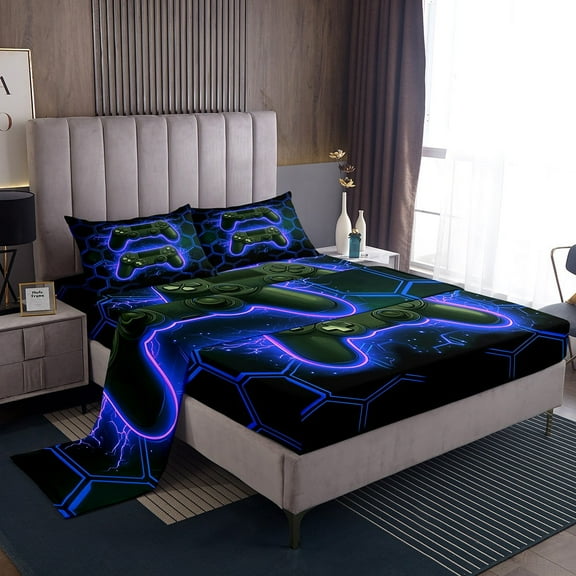 Erosebridal Gamer Bed Sheets Set Twin Size, Neon Gradient Gamepad Bedding Sets Twin Size, Navy Blue Honeycomb Decor, 3-Piece (Top Sheet, Fitted Sheet, Pillowcase)