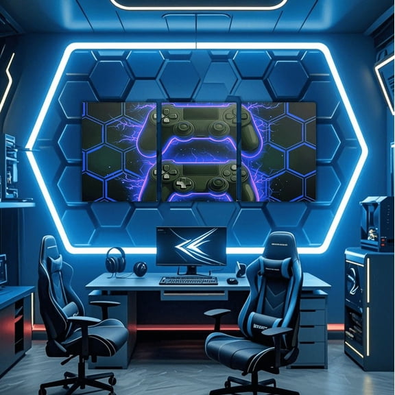 Erosebridal Gamer Canvas Wall Art Living Room, Neon Gradient Gamepad Framed Wall Art Set of 3, Navy Blue Honeycomb Decor