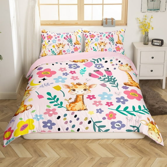 Erosebridal Giraffe Bedding Set,Pink Duvet Cover Twin,Cartoon Giraffe Comforter Cover,Kawaii Animal Galaxy Star Moon Bed Sets with 1 Pillowcase Bedroom Decor