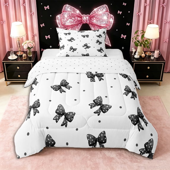 Erosebridal Kids Girls Cartoon Ribbon Bowknot Twin Comforter Sets 3-Piece,Teens Vintage Polka Dots Bedding Set,Super Cozy Room Decor