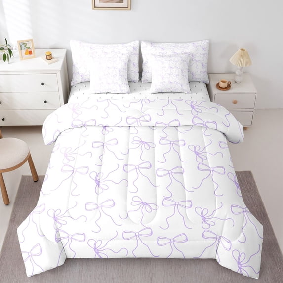 Erosebridal Kids Girls Purple Ribbon Bow Knot Bedding Comforter Set 7 Pieces,Dreamy Princess Full Bedding Set For Teens,Breathable Home Decor