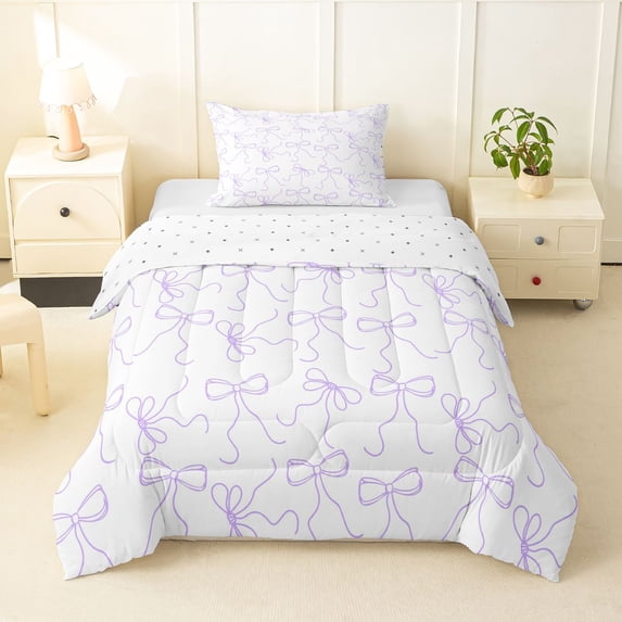 Erosebridal Kids Girls Purple Ribbon Bow Knot Twin Comforter Sets 3-Piece,Dreamy Princess Bedding Set For Teens,Breathable Home Decor
