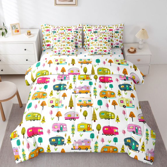 Erosebridal Kids Happy Camping Bedding Comforter Set 7-Piece,Colorful Adventure RV Car King Bedding Sets For Boys Girls Teens,Luxury Bedroom Decor