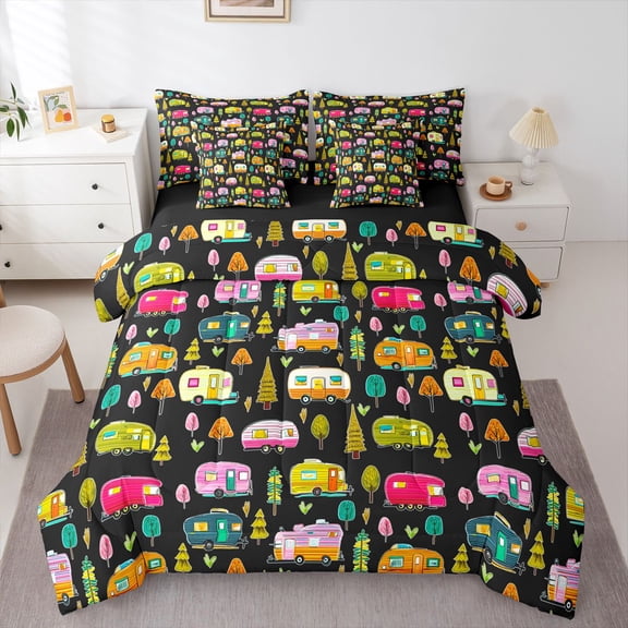 Erosebridal Kids Happy Camping Bedding Comforter Set 7pcs,Colorful Adventure RV Car Queen Bedding Sets For Boys Girls Teens,Black Reversible