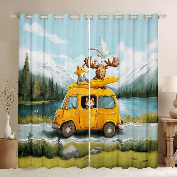 Erosebridal Kids Happy Camping Black Out Curtains,Cartoon Fox Deer Yellow Car Curtains Pack of 2 (42x63 Each) for Boys Girls,Lightweight Room Decor