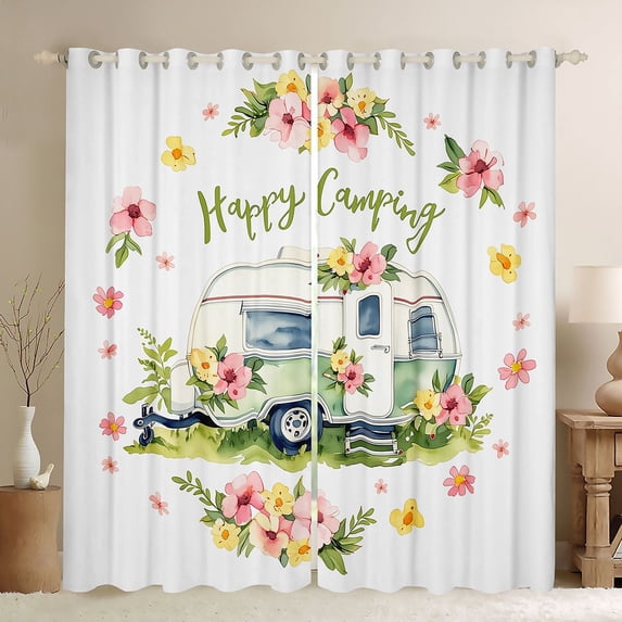 Erosebridal Kids Happy Camping Black Out Curtains,Kawaii Flowers Car Curtains Pack of 2 (42x63 Each) for Boys Girls,Microfiber Bedroom Decor