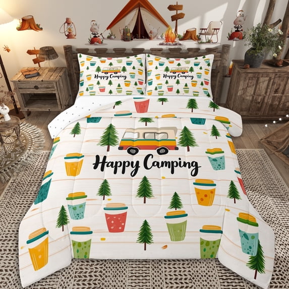 Erosebridal Kids Happy Camping Full Size Comforter Sets 3 Pieces,Kawaii Car Rustic Cottage Bedding Sets for Boys Girls,Super Cozy Room Decor