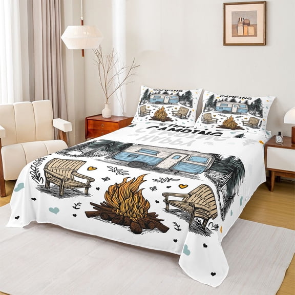 Erosebridal Kids Happy Camping Full Size Sheets 4-Piece,Adventure RV Car Bed Sheets For Boys Girls Teens