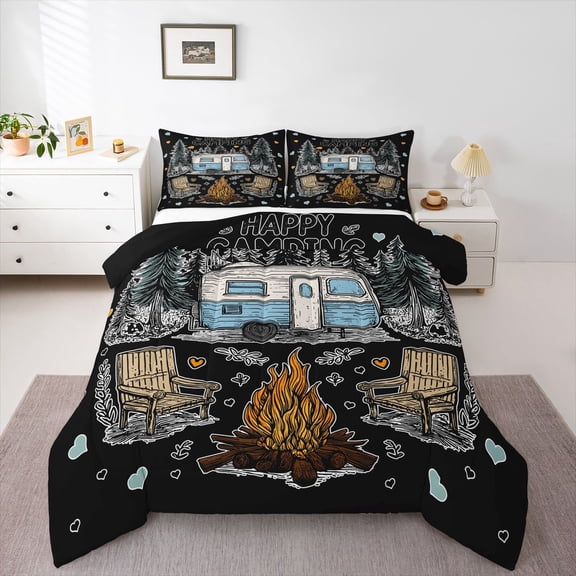 Erosebridal Kids Happy Camping Queen Comforter Set 3pcs,Adventure RV Car Bedding Comforter Set For Boys Girls Teens,Black Reversible