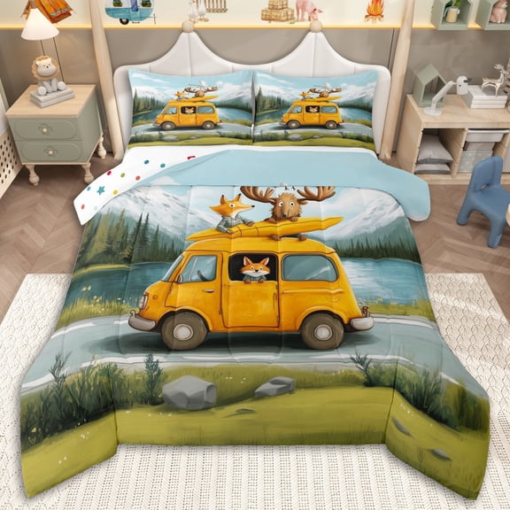Erosebridal Kids Happy Camping Queen Comforter Set 3pcs,Cartoon Fox Deer Yellow Car Bedding Comforter Set for Boys Girls,Lightweight Room Decor