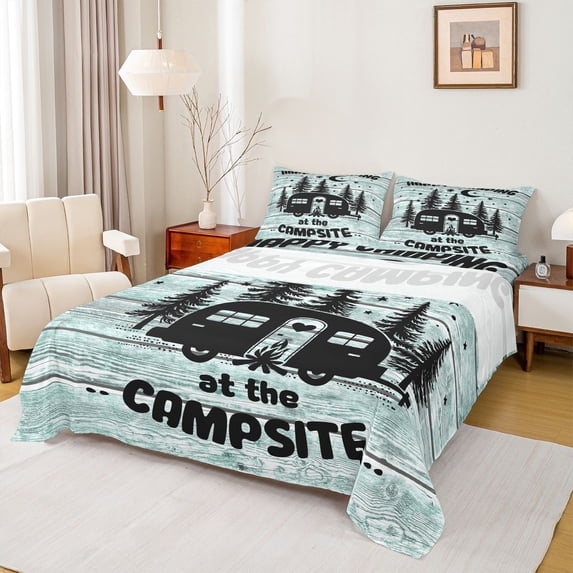 Erosebridal Kids Happy Camping RV Car Full Size Sheets 4-Piece,Vintage Rustic Cottage Bed Sheets For Boys Girls Teens