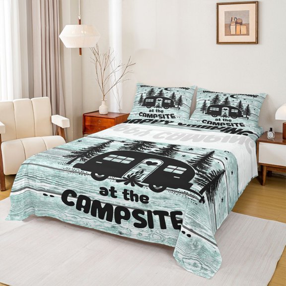 Erosebridal Kids Happy Camping RV Car Queen Sheet Sets 4 Pieces,Vintage Rustic Cottage Bed Set For Boys Girls Teens