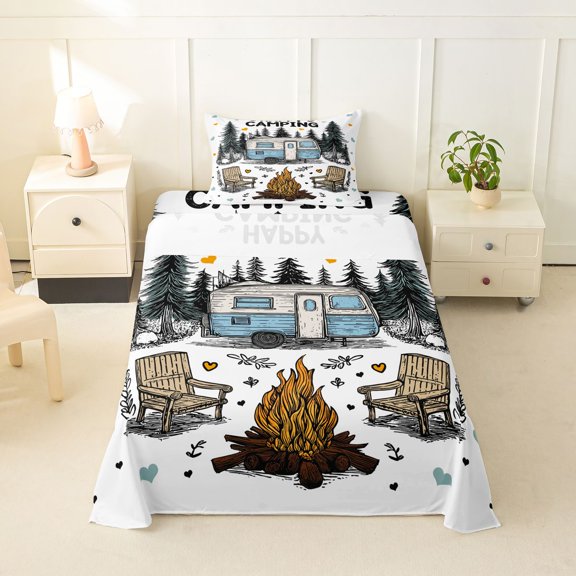 Erosebridal Kids Happy Camping Twin Sheet Sets 3pcs,Adventure RV Car Bedding For Boys Girls Teens