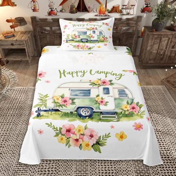 Erosebridal Kids Happy Camping Twin Sheet Sets 3pcs,Kawaii Flowers Car Bedding for Boys Girls,Microfiber Bedroom Decor