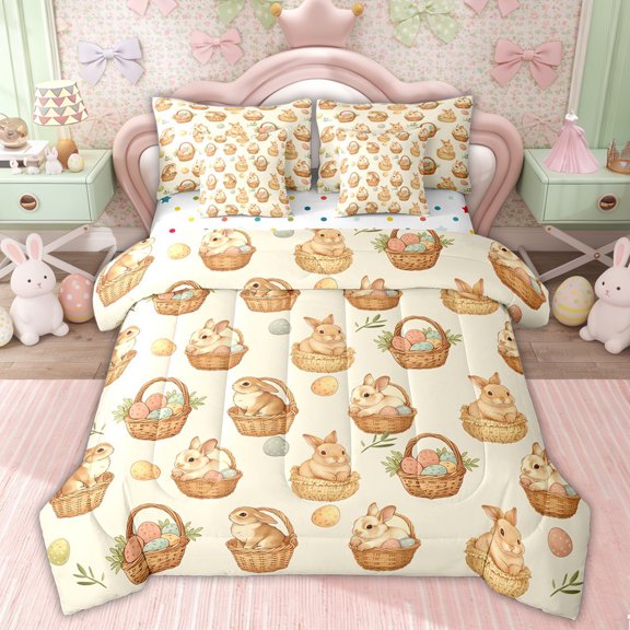 Erosebridal Kids Happy Easter Bedding Comforter Set, Cartoon Bunnies Rabbit Queen Bedding Sets, 7pcs