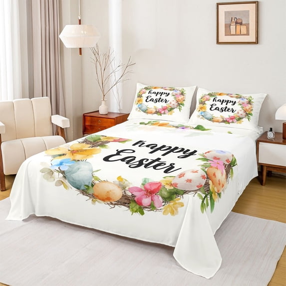 Erosebridal Kids Happy Easter Egg Bed Sheets, Spring Flower King Sheets, 4pcs