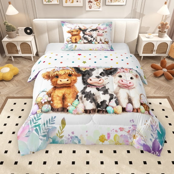 Erosebridal Kids Happy Easter Twin Comforter Sets, Highland Cow Rabbit Bedding Set, Polka Dots Reversible, 2pcs