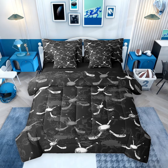 Erosebridal Kids Ice Hockey Twin Bedding Sets for Boys, Sports Theme Bedding Comforter Set, Black Gray, Black Reversible, 7-Piece